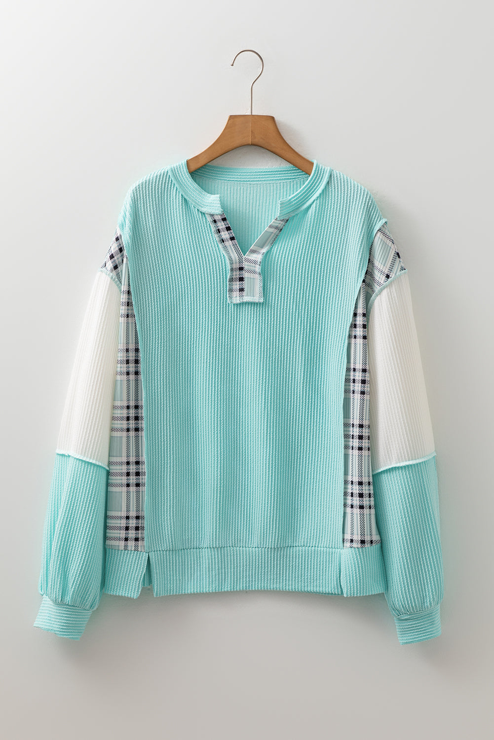 Aruba Blue Corded Texture Colorblock Patchwork Split Neck Long Sleeve Top
