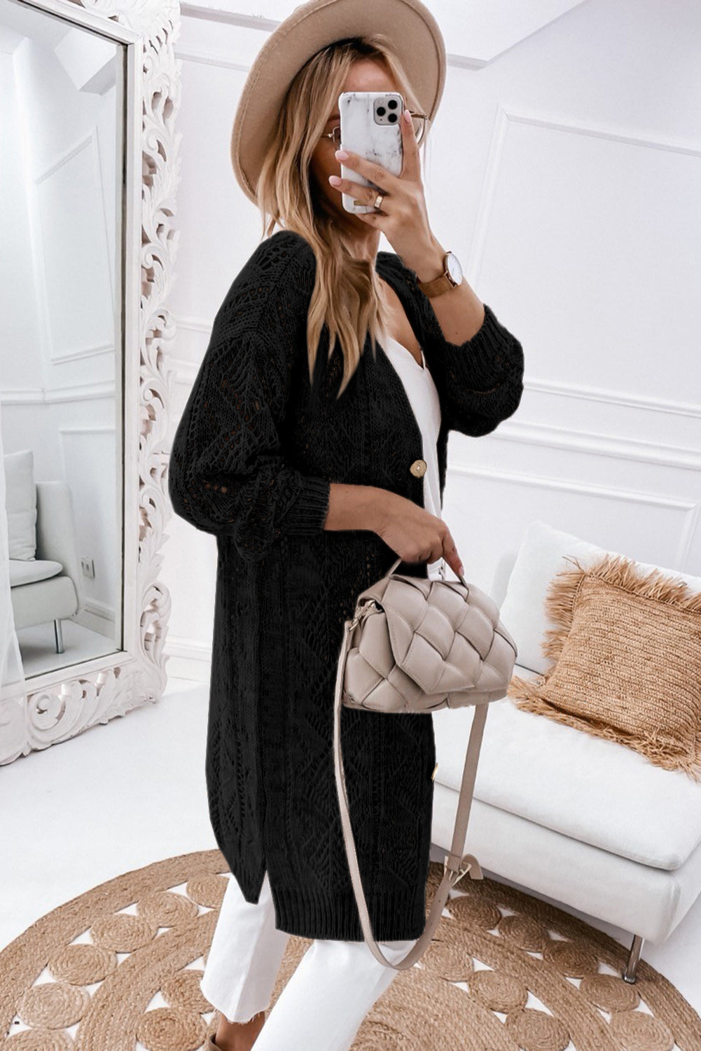 Purple Hollow-out Openwork Knit Cardigan