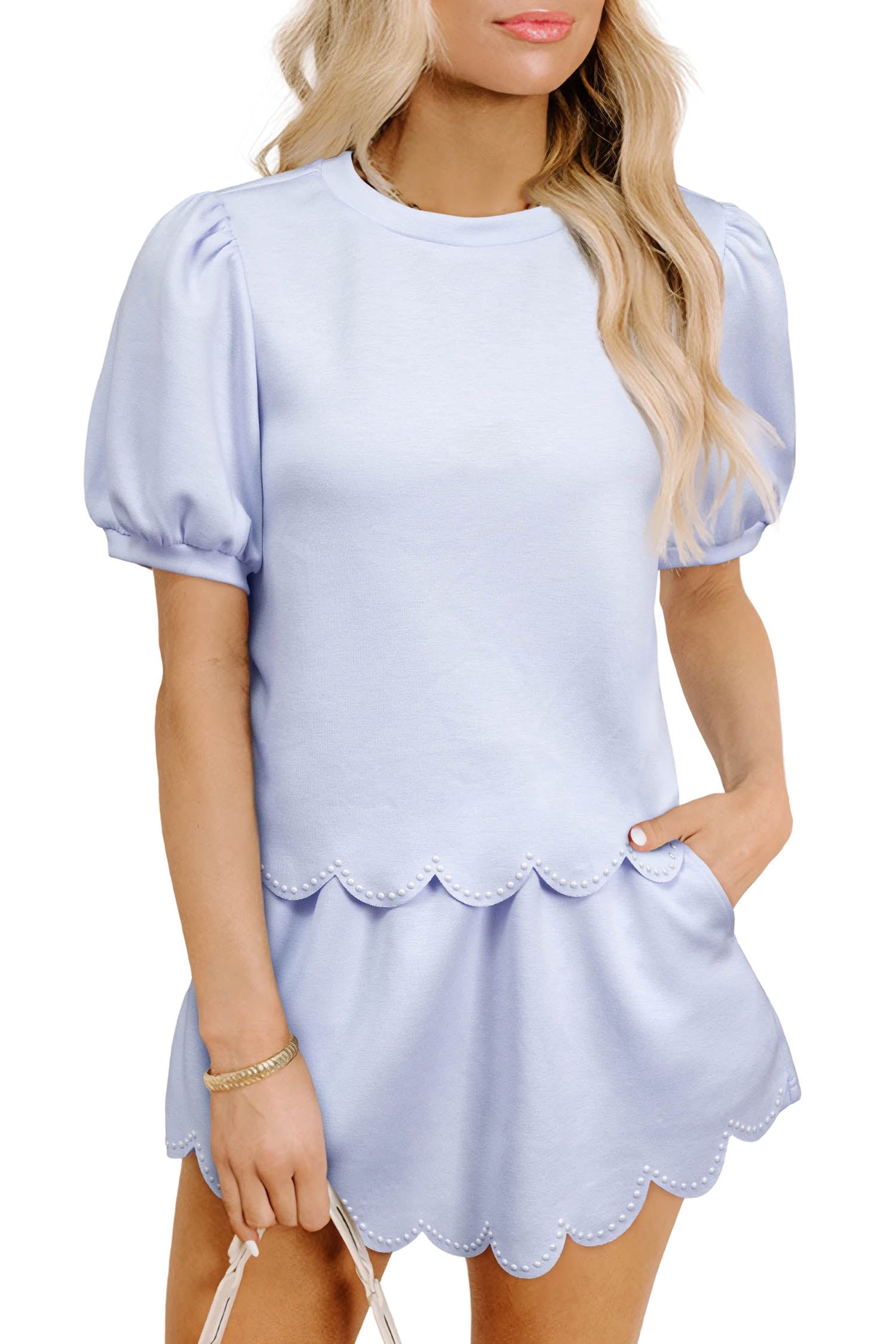 Light Pink Puff Sleeve Pearl Embellished Scallop Trim Top 2 Piece Skort Set