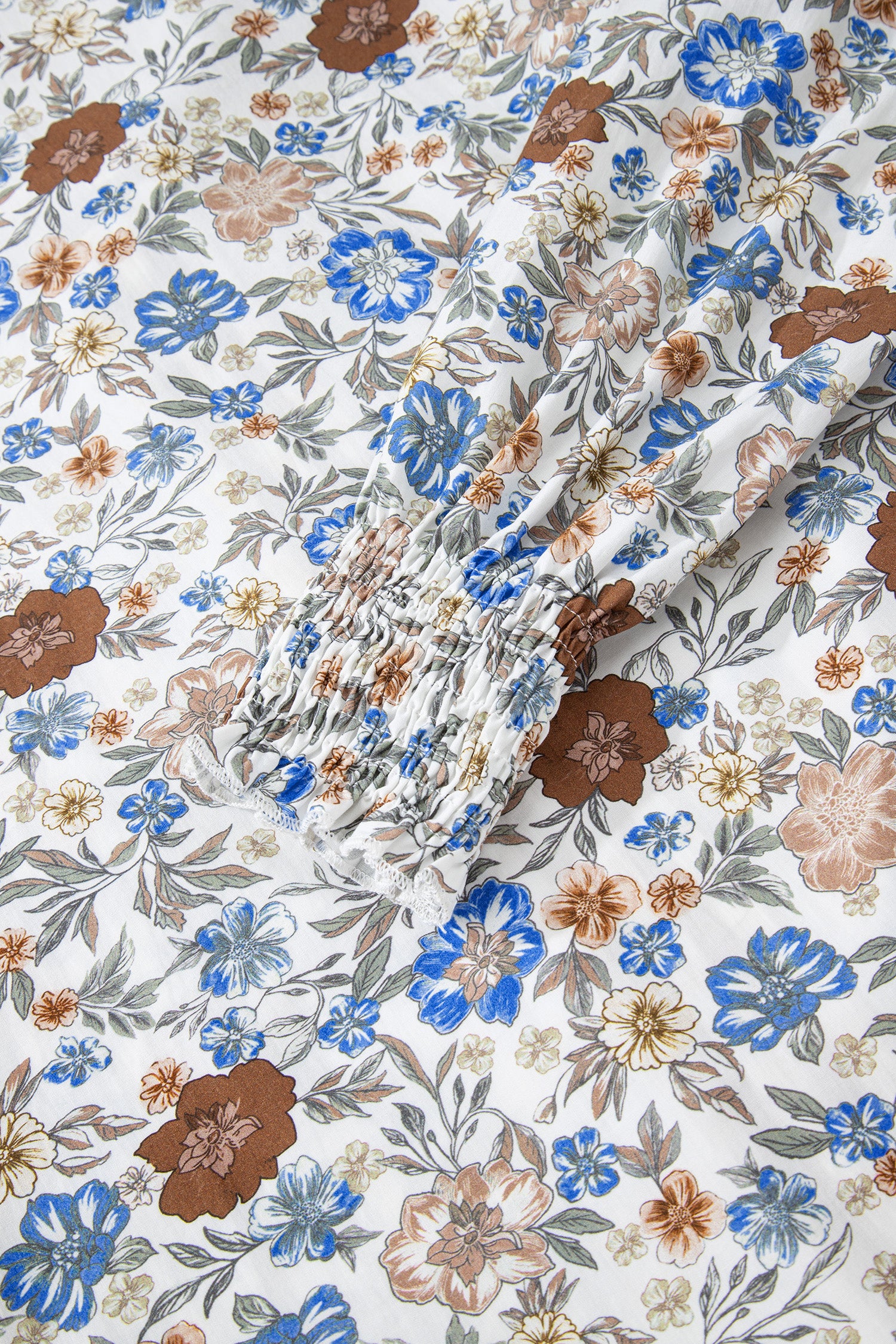 Brown Plaid Frilled Trim V Neck Floral Long Sleeve Blouse