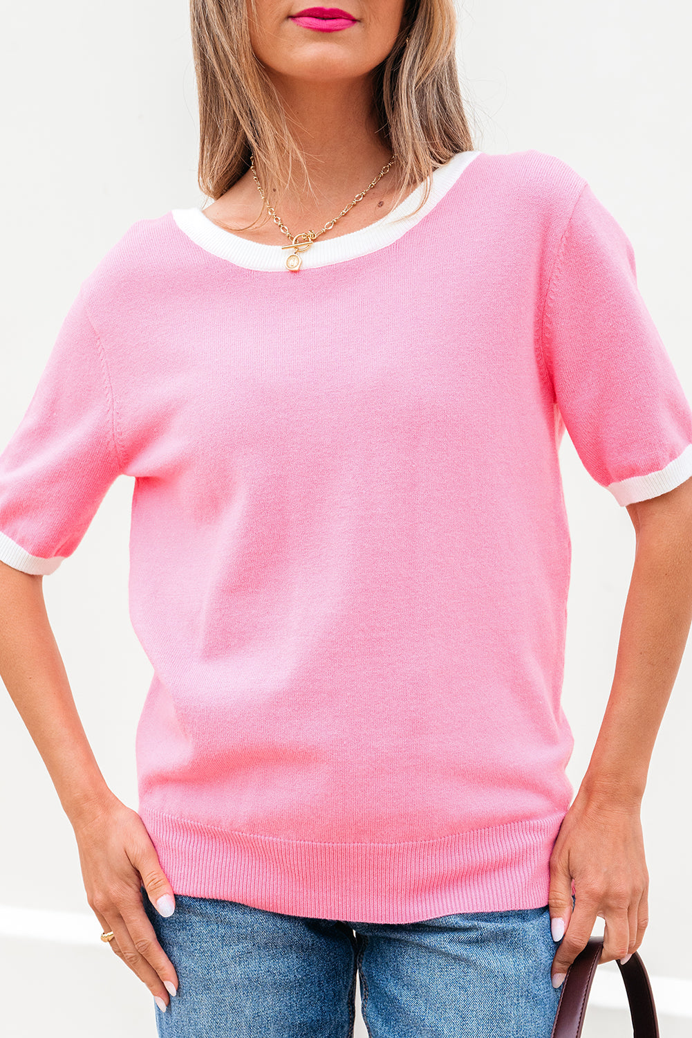 Bonbon Colorblock Bow V-Shape Cut Back Short Sleeve Sweater