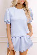 Light Pink Puff Sleeve Pearl Embellished Scallop Trim Top 2 Piece Skort Set