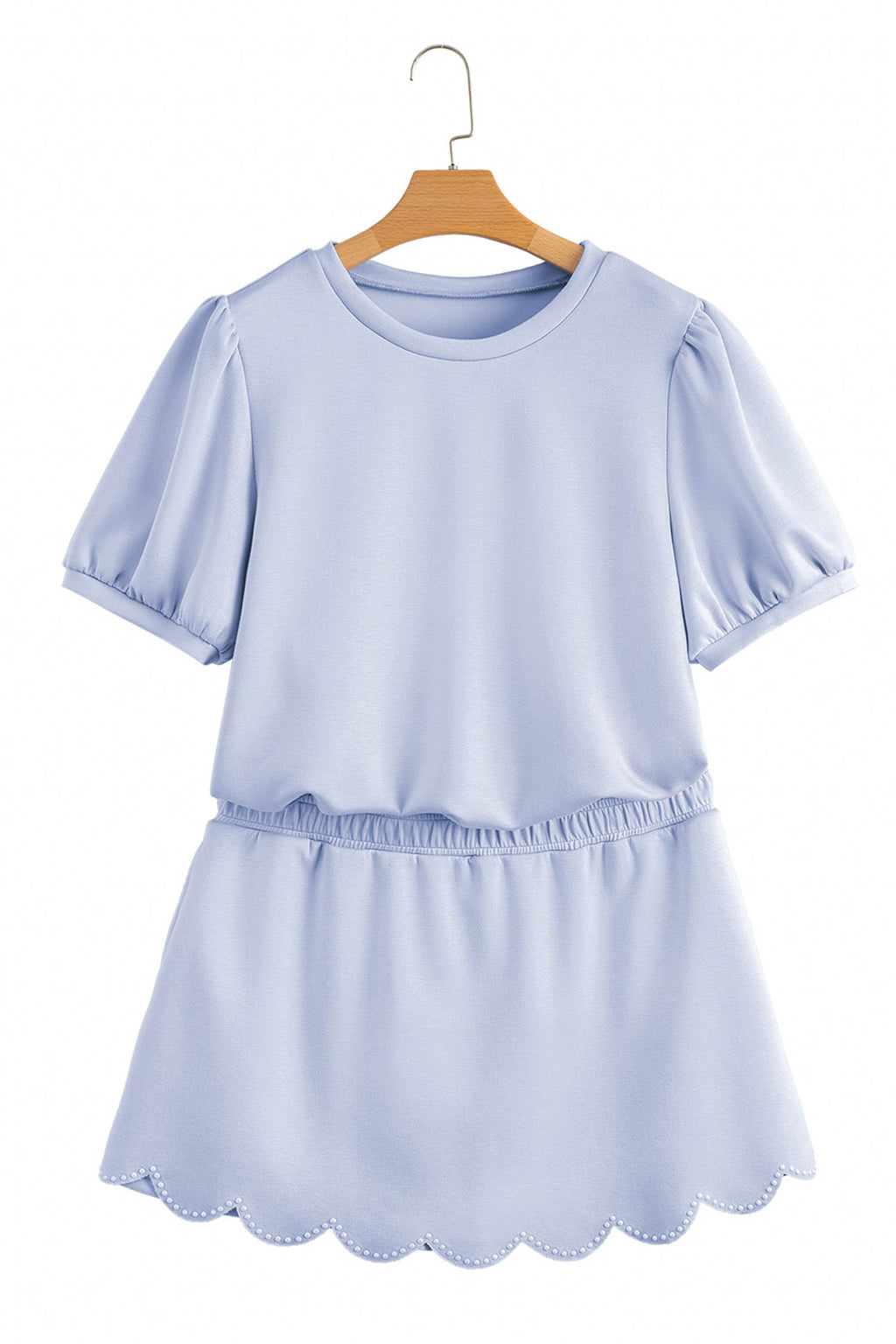 Light Pink Puff Sleeve Pearl Embellished Scallop Trim Top 2 Piece Skort Set