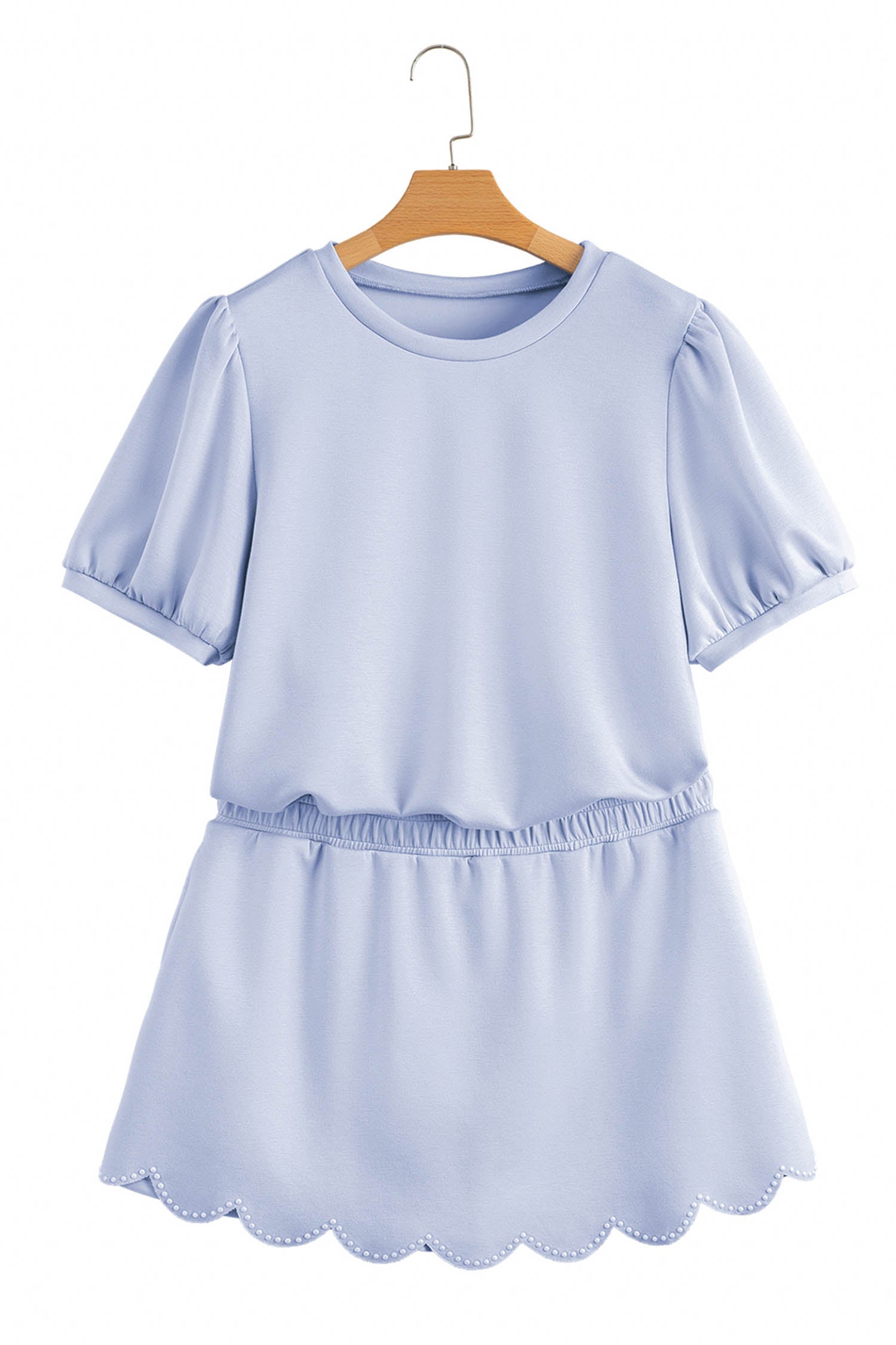 Light Pink Puff Sleeve Pearl Embellished Scallop Trim Top 2 Piece Skort Set