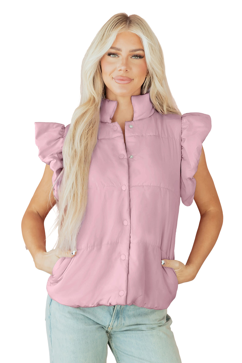 Pink Stand Neck Flutter Sleeve Snap Button Puffer Vest