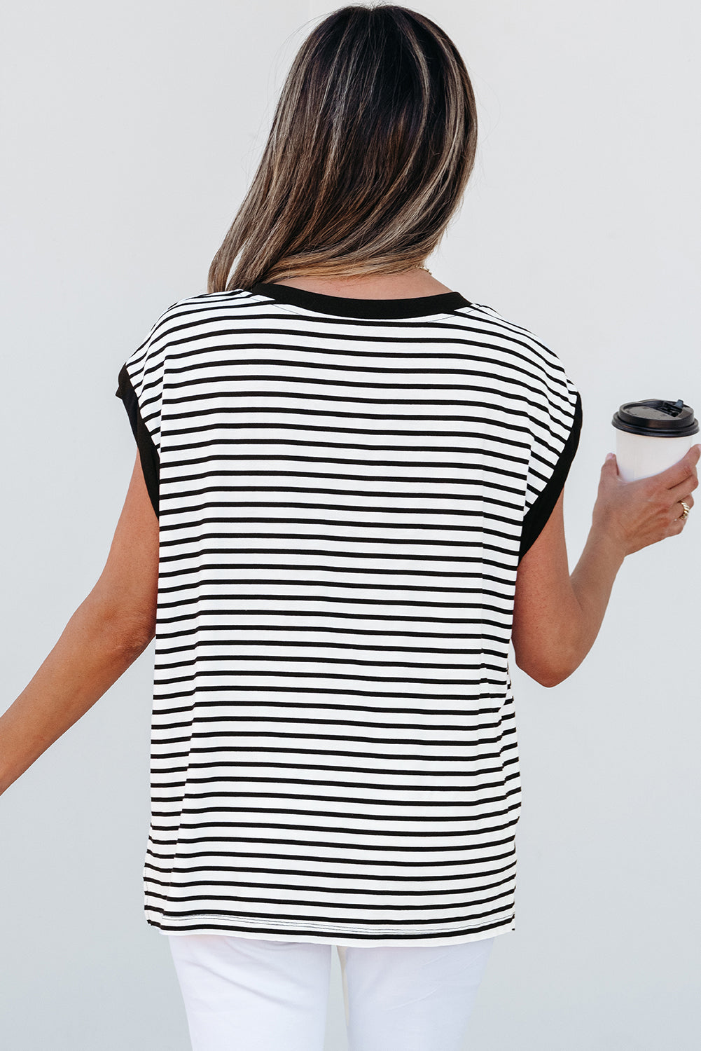 Red Stripe Chest Pocket Patch Round Neck Tank Top