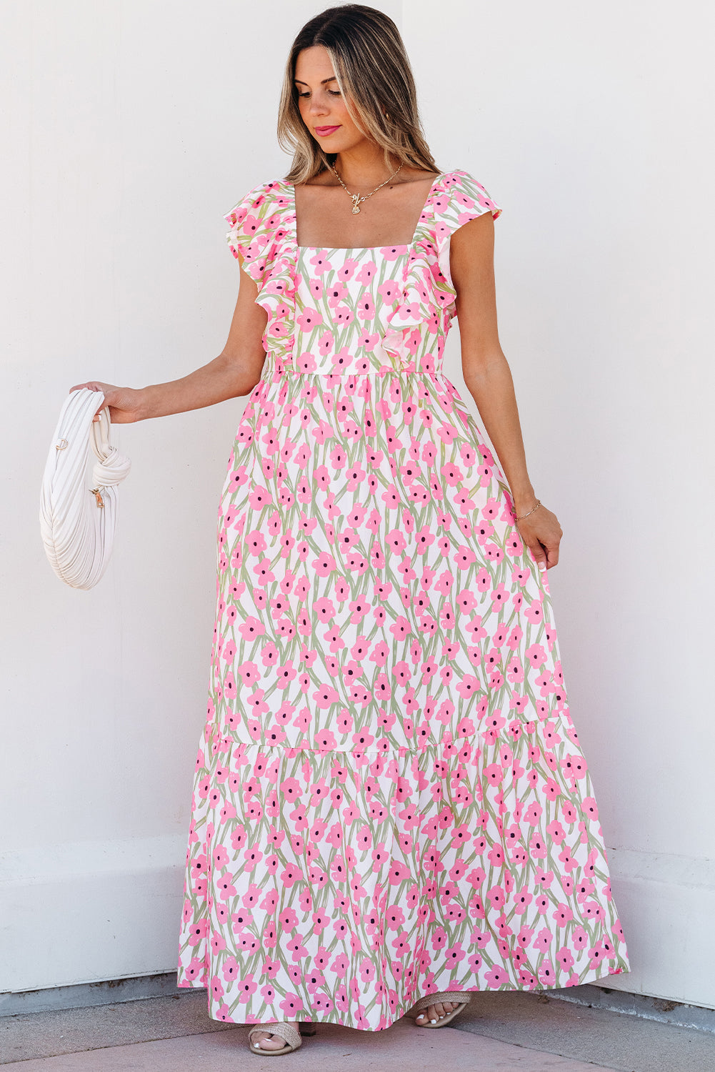 Blue Floral Print Square Neck Ruffled Strap Maxi Dress