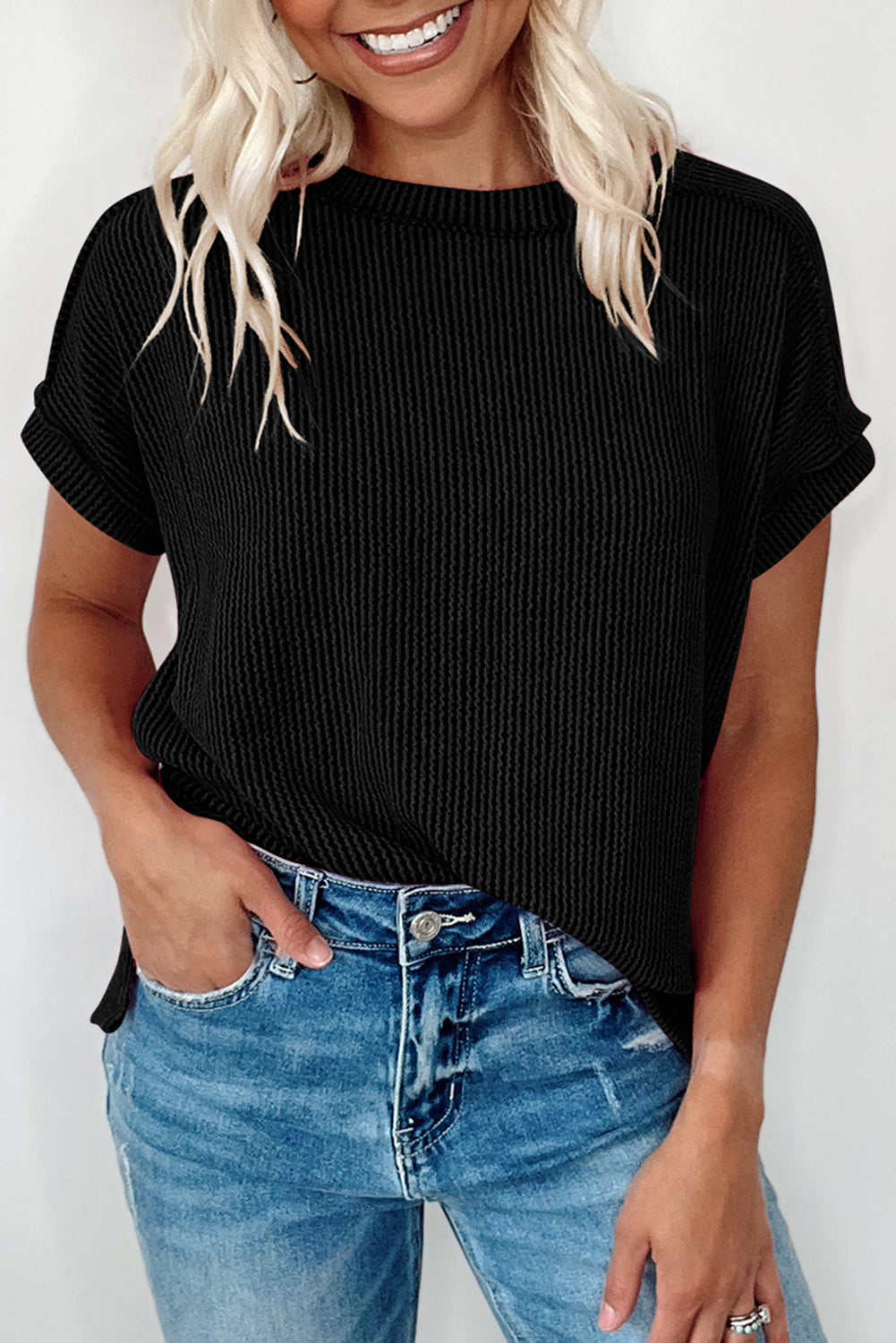 Dark Blue Textured Knit Exposed Stitching T-shirt