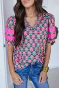 Sachet Pink V-Neck Ruffle Abstract Floral Print Puff Sleeve Top