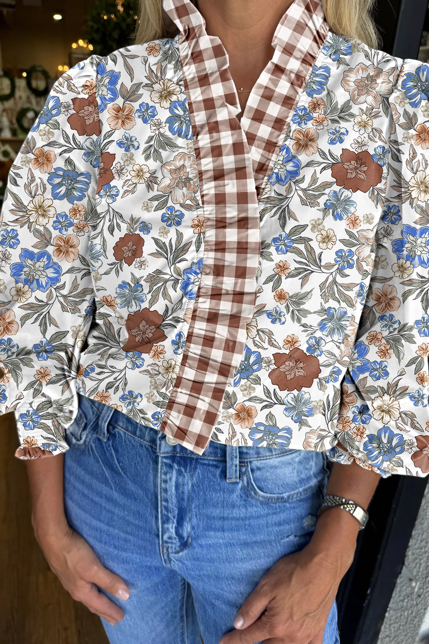 Brown Plaid Frilled Trim V Neck Floral Long Sleeve Blouse