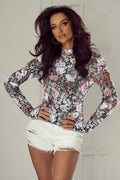 Brown Floral Long Sleeve High Neck Sheath Mesh Blouse