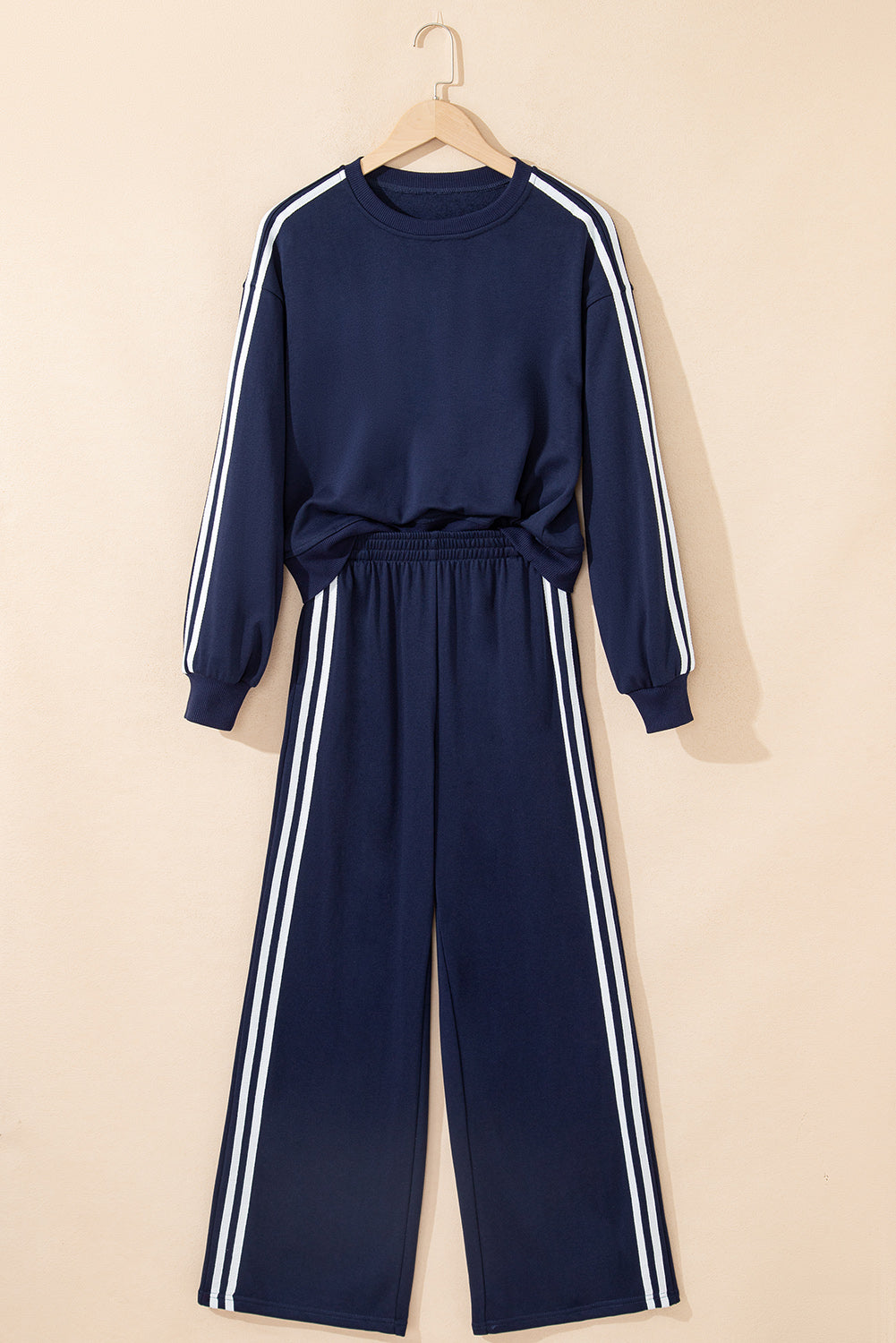 Fiery Red Varsity Striped Detail Crewneck Pullover Elastic Sweatpants 2pcs Outfit