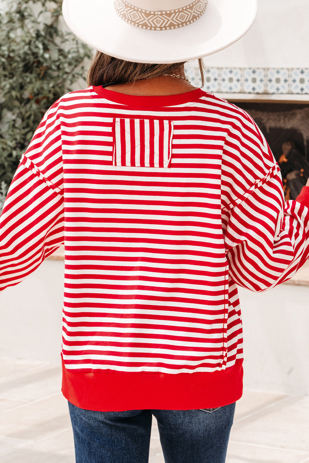 Red Stripe Christmas Nutcracker Sequin Patched Drop Shoulder Top