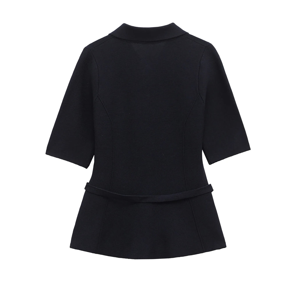 Women's clothing 2025 summer new European and American style women's clothing new solid color belt decorative flat-pin lapel top