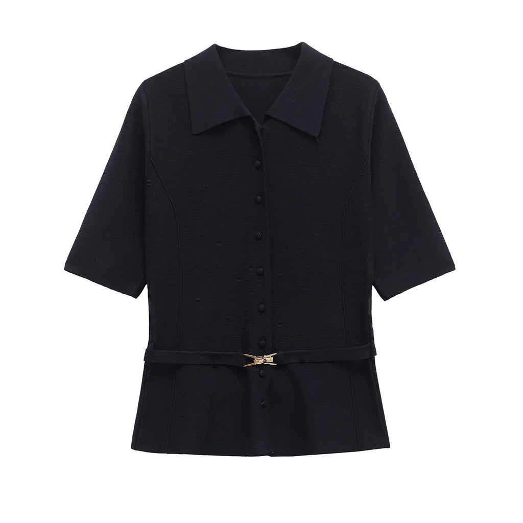 Women's clothing 2025 summer new European and American style women's clothing new solid color belt decorative flat-pin lapel top