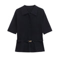 Women's clothing 2025 summer new European and American style women's clothing new solid color belt decorative flat-pin lapel top