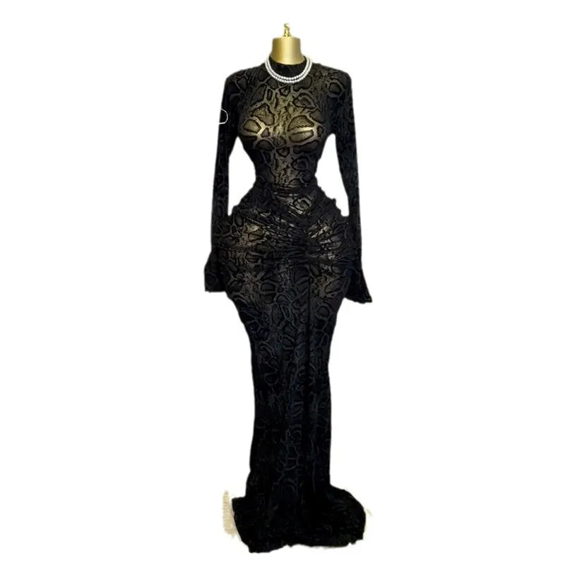 Women's clothing 2025 spring new style temperament semi high collar lace long sleeved waisted hip one-step skirt long skirt