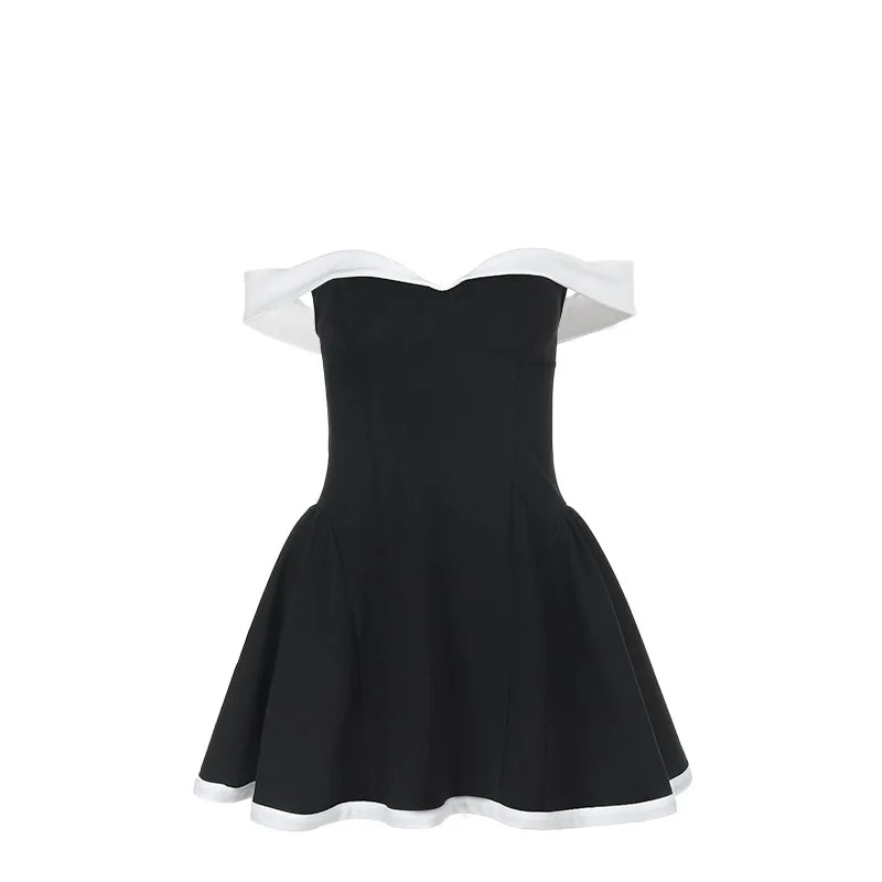 Female Clothing Women's Dresses Elegant One-shoulder Contrasting Color Design, Bust-revealing, Waist-shaping Short Skirt Dresses