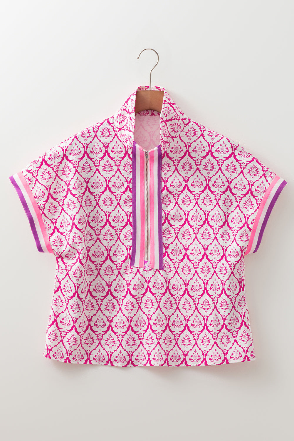 Pink Western Print Zipped Collar Short Sleeve Summer Blouse Top