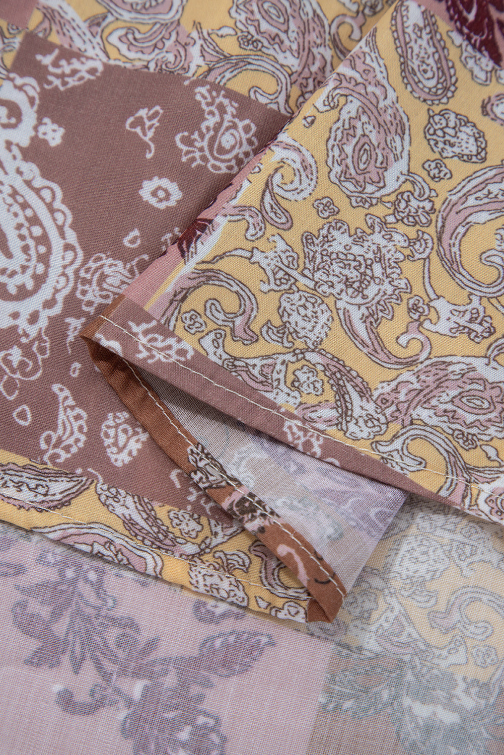 Beige Paisley Ethnic Print Contrast Patchwork Long Sleeve Loose Top