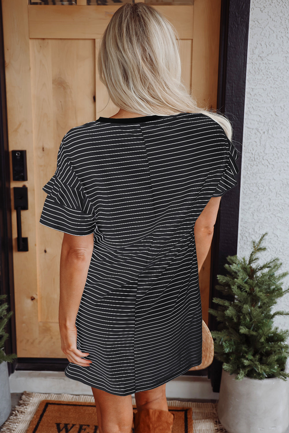 Green Stripe Ruffled Short Sleeve Crew Neck T Shirt Shift Mini Dress