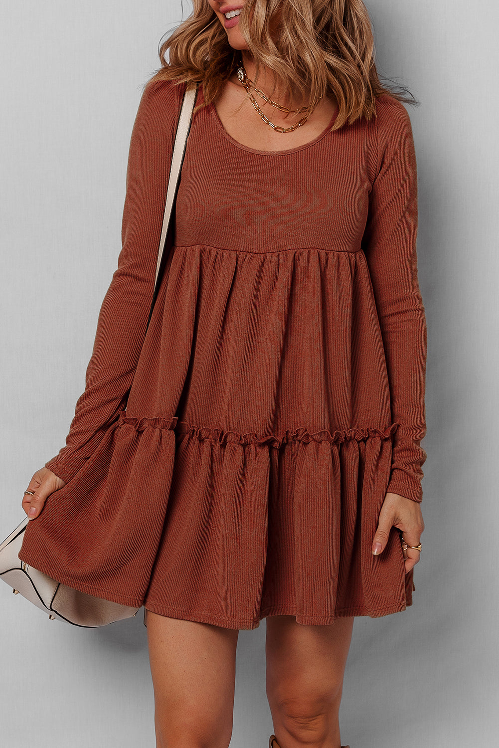 Straw Yellow Ribbed Frilled Trim High Waist Long Sleeve Mini Dress