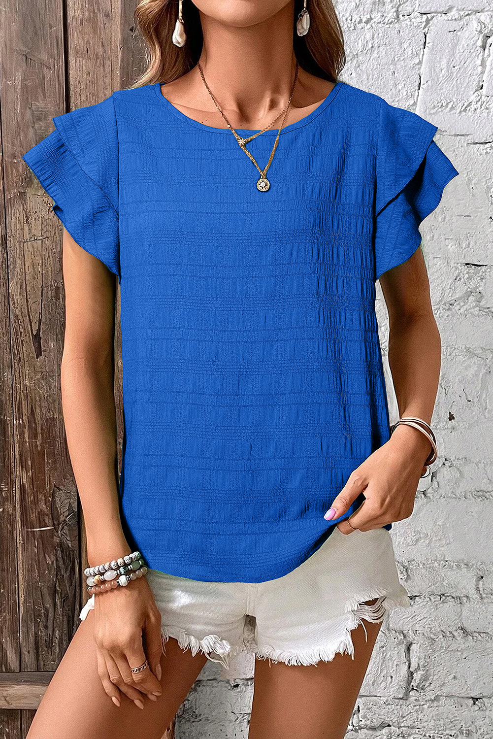Dark Green Textured Ruffled Sleeve Round Neck Top