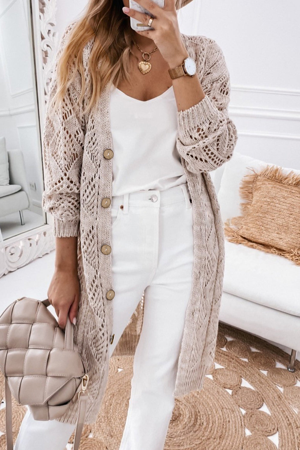 Purple Hollow-out Openwork Knit Cardigan