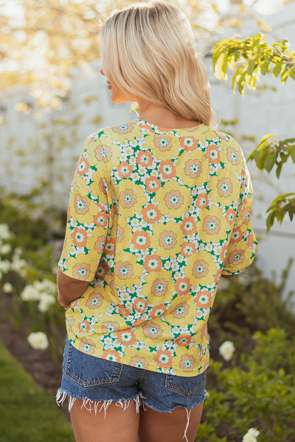 Yellow Summer Flower Printed Drop Shoulder Loose T Shirt