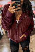 Burgundy Waffle Splicing Zip Up Front Button Hooded Jacket