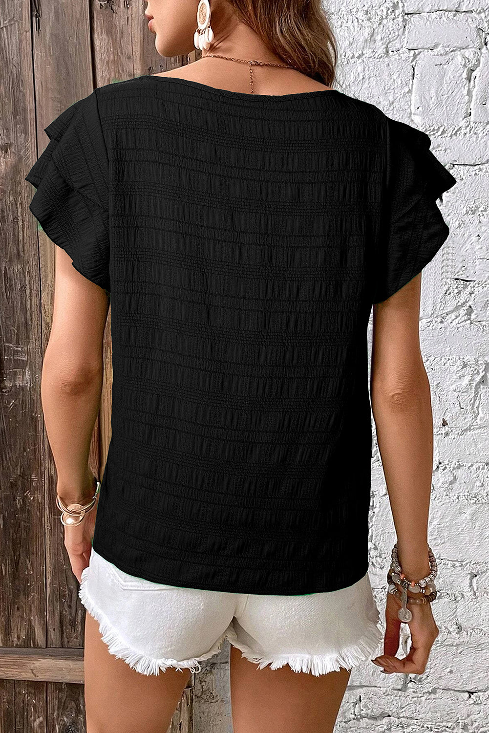 Txtrd Ruffle Top Dark Green Textured Ruffled Sleeve Round Neck Top – Beauty Chic Haven