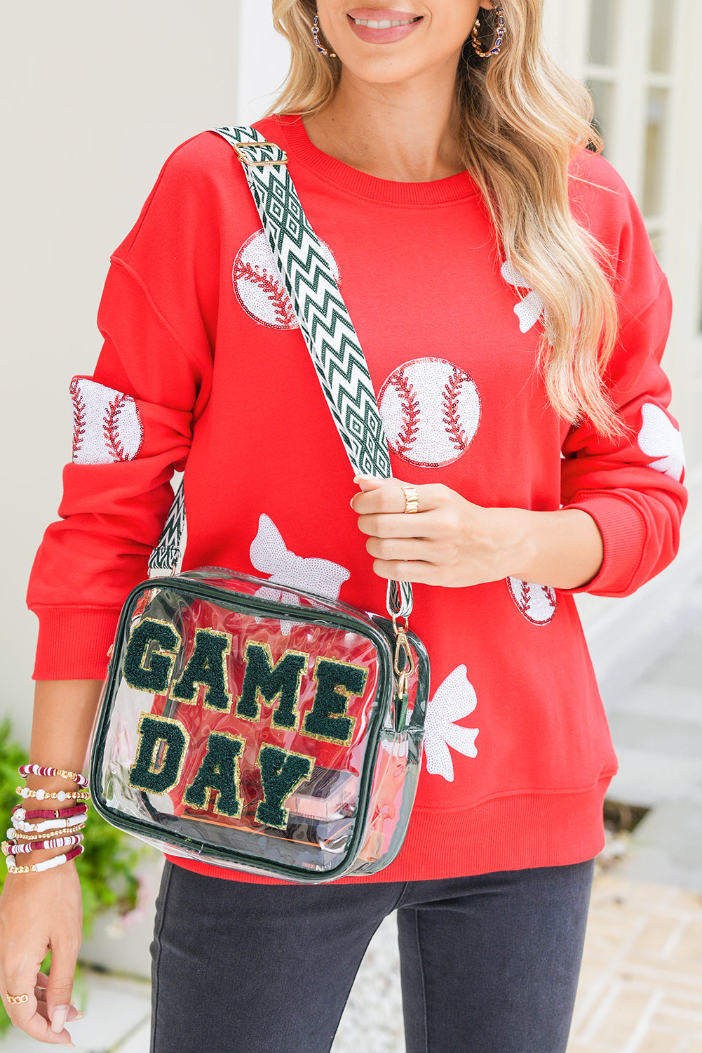 Blackish Green GAME DAY Chenille Embroidered Clear PVC Shoulder Bag