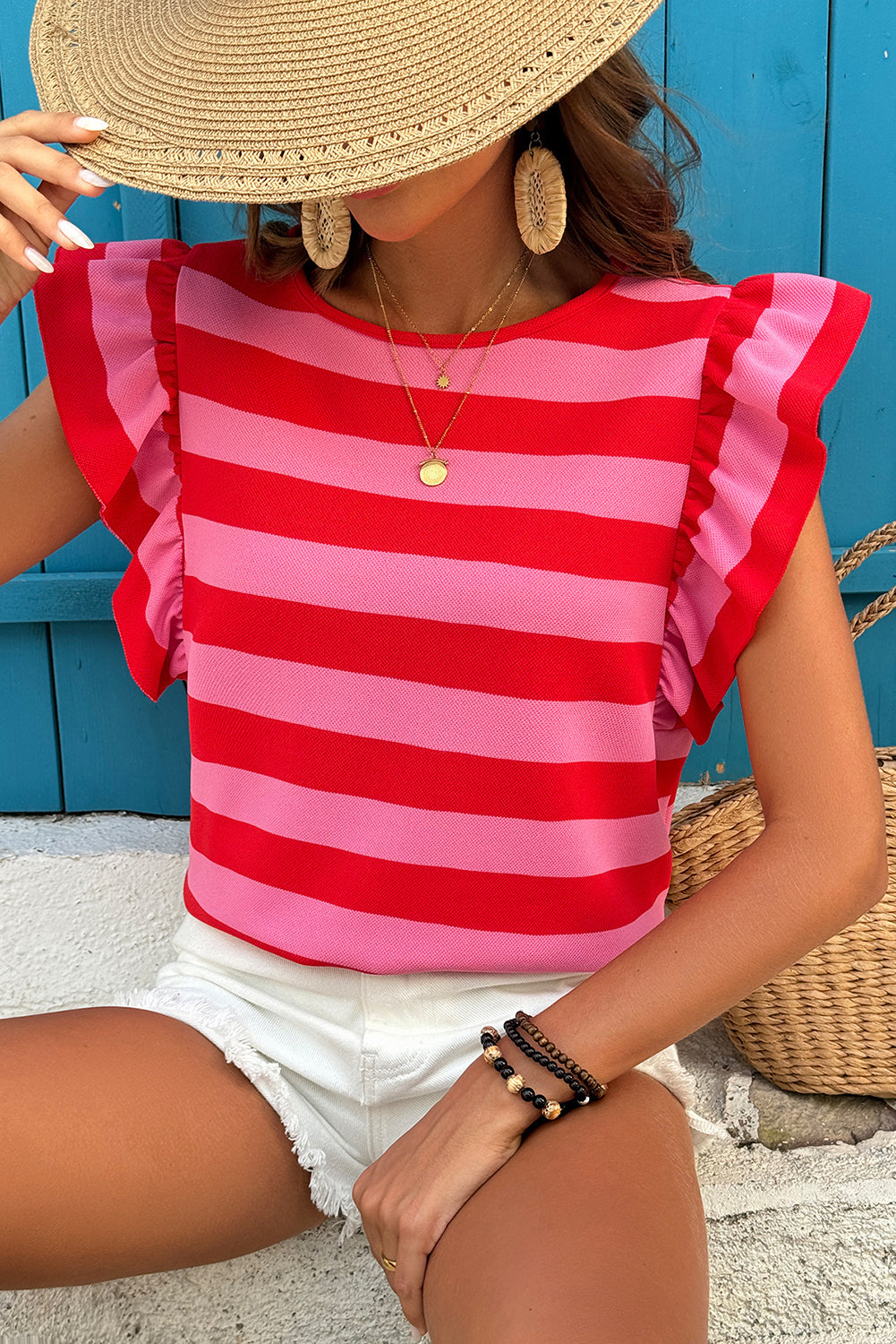 Black Stripe Flutter Sleeve Round Neck T Shirt
