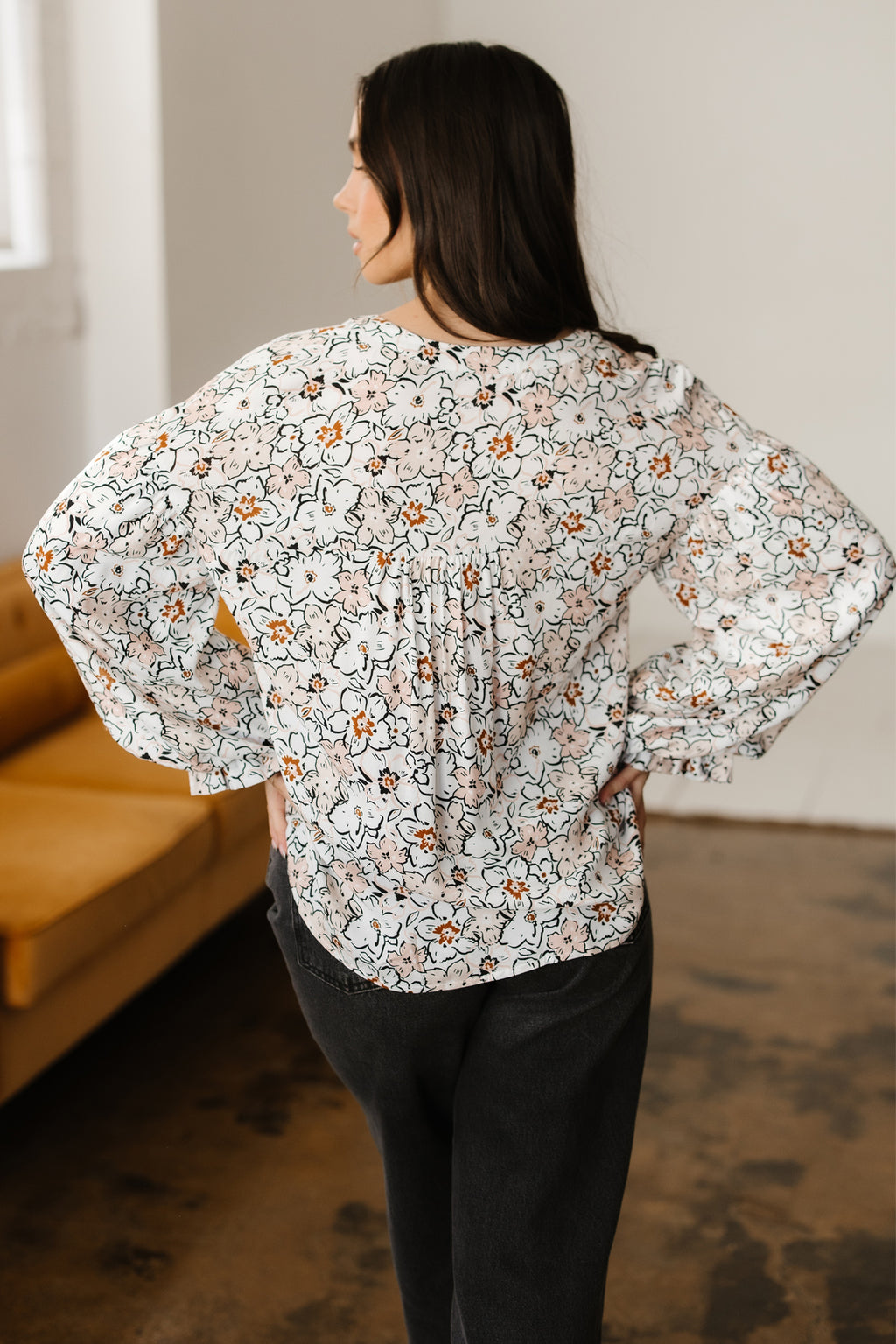 Khaki Bold Floral Print Frilled Puff Sleeve Button Down Shirt