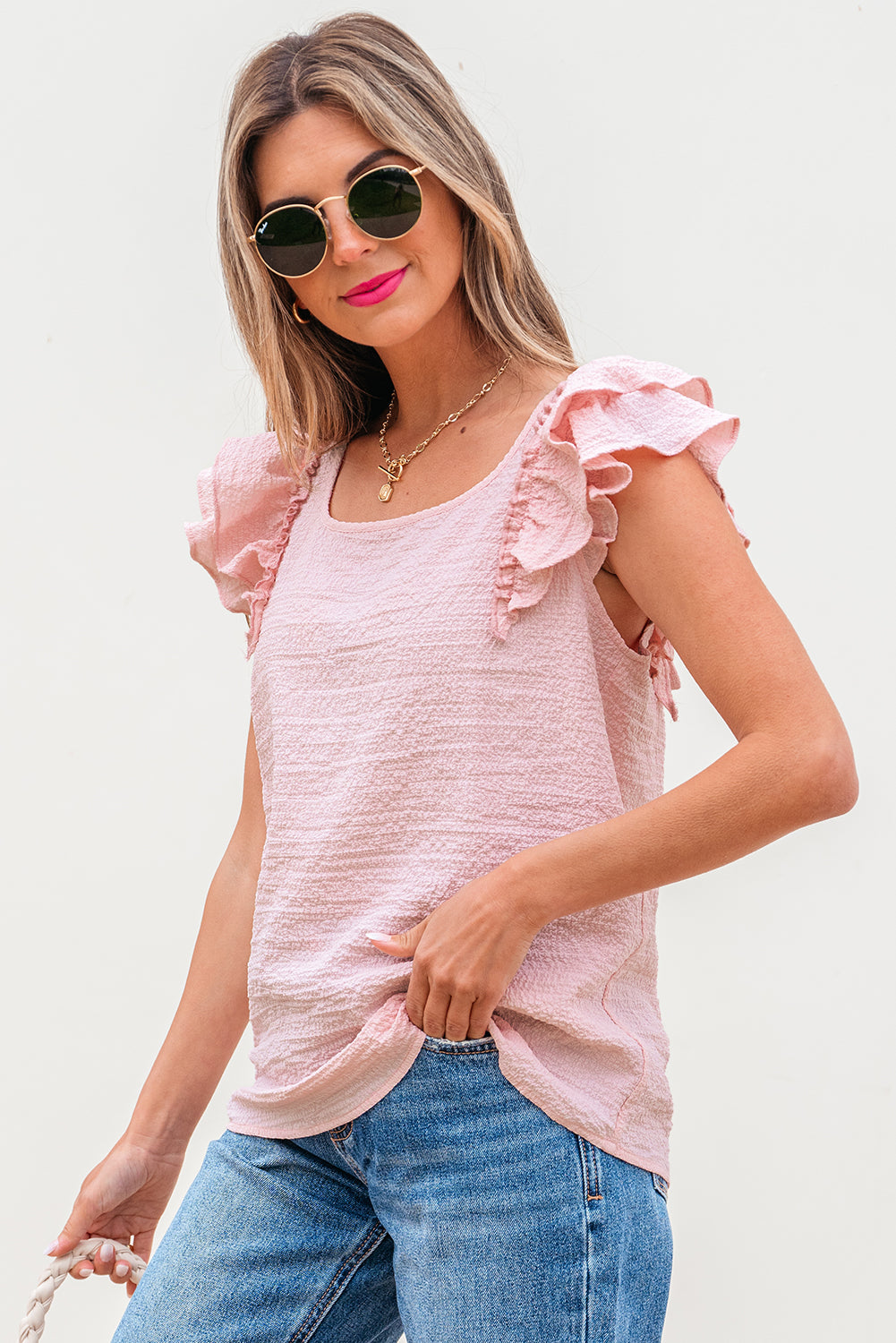 Beige Textured Bow Knot Frilled Butterfly Sleeve Blouse