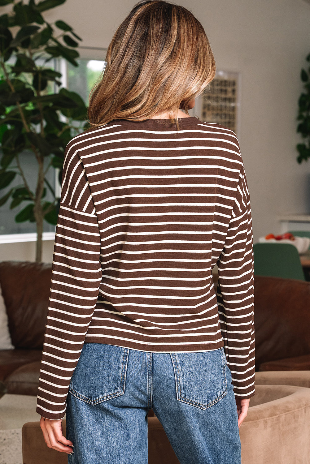 Brown Stripe Ribbed Cropped Crew Neck Long Sleeve T Shirt