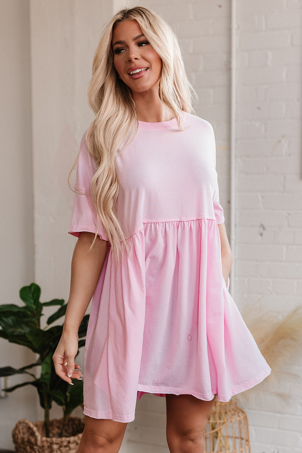 Sky Blue Solid Color Pocketed Raw Edge Babydoll Dress