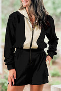 Black Two-tone Long Sleeve Zipped Front Casual Romper
