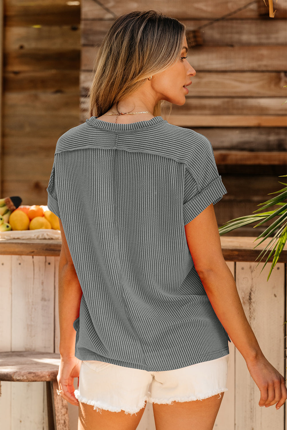 Dark Blue Textured Knit Exposed Stitching T-shirt