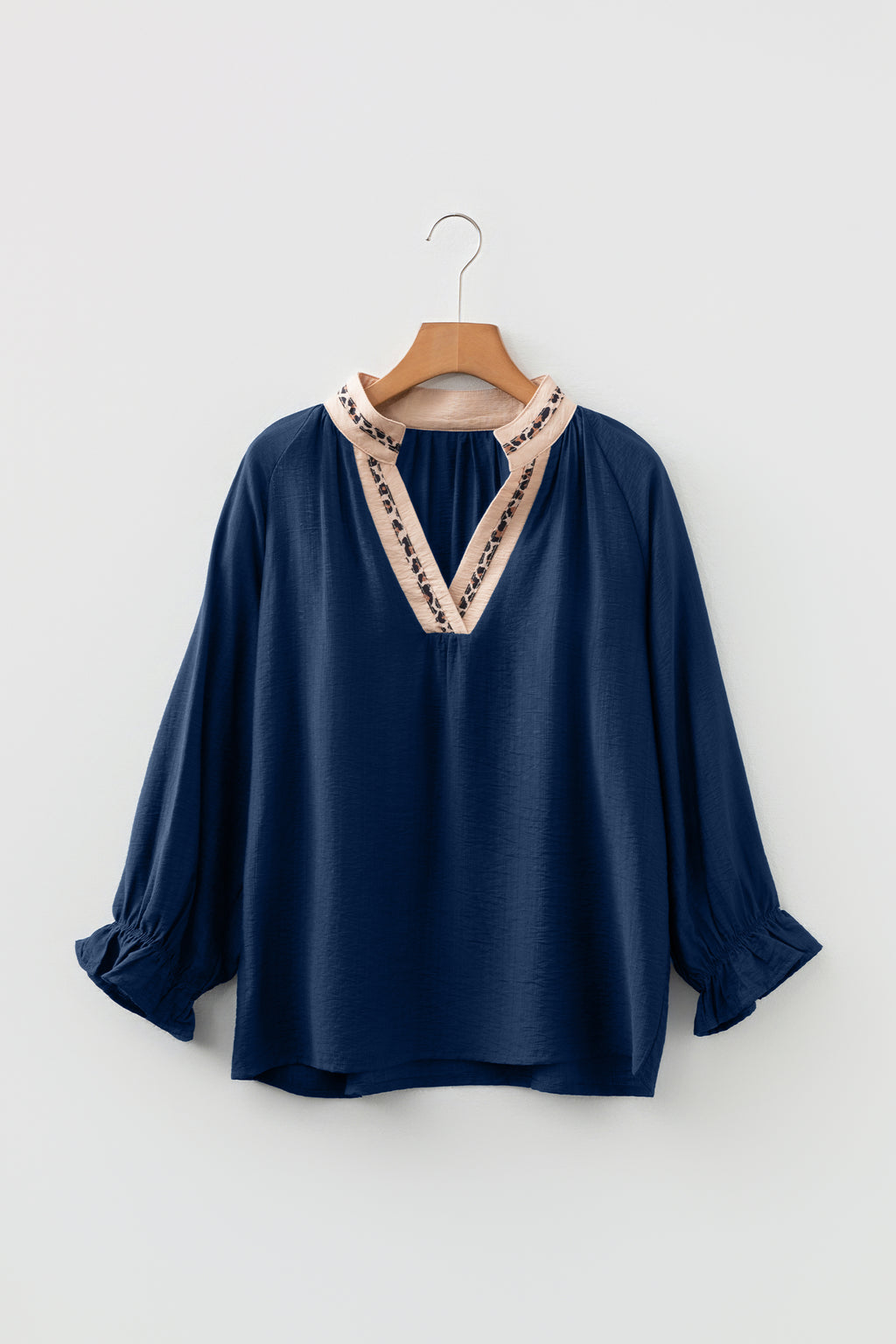 Dirty blue Leopard Trim V Neck Flounced Bracelet Sleeve Blouse