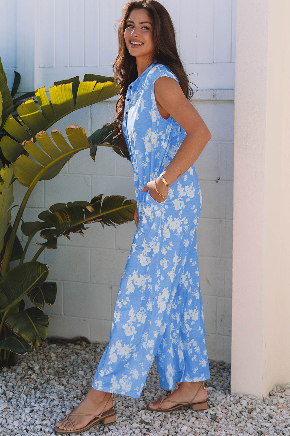 Myosotis Floral Print Half Button Wide Leg Relaxed Sleeveless Jumpsuit