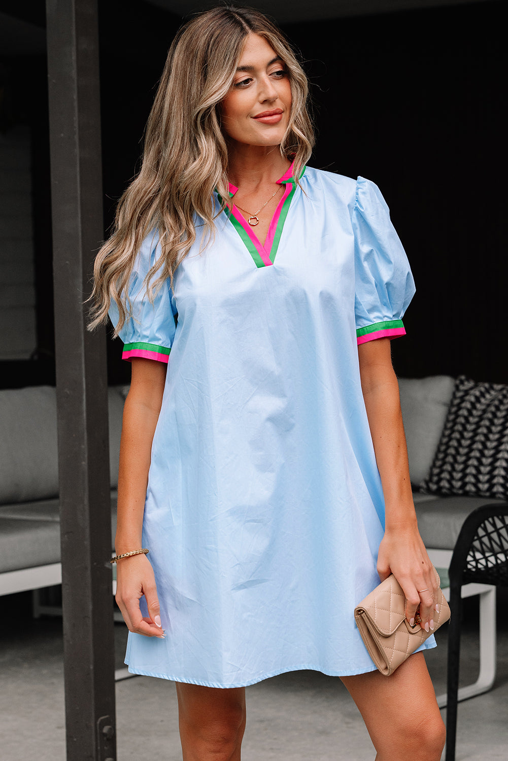 Myosotis Contrast Striped Notched V Neck Puff Sleeve Mini Dress