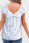 Sky Blue Floral Ruffled Short Sleeve Bow Back Square Neck Blouse