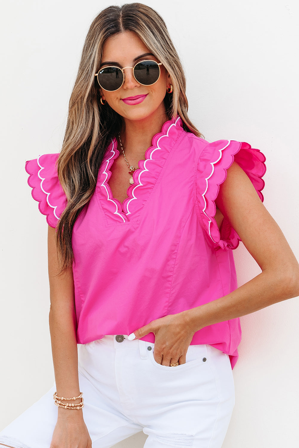 Bright Green Contrast Scallop Trim Layered Short Sleeve V Neck Blouse