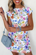 Sky Blue Vibrant Floral Print Cap Sleeve Mini Dress