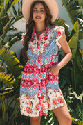 Rose Floral Mixed Pattern Ruffle Flutter Sleeve Buttoned Dress