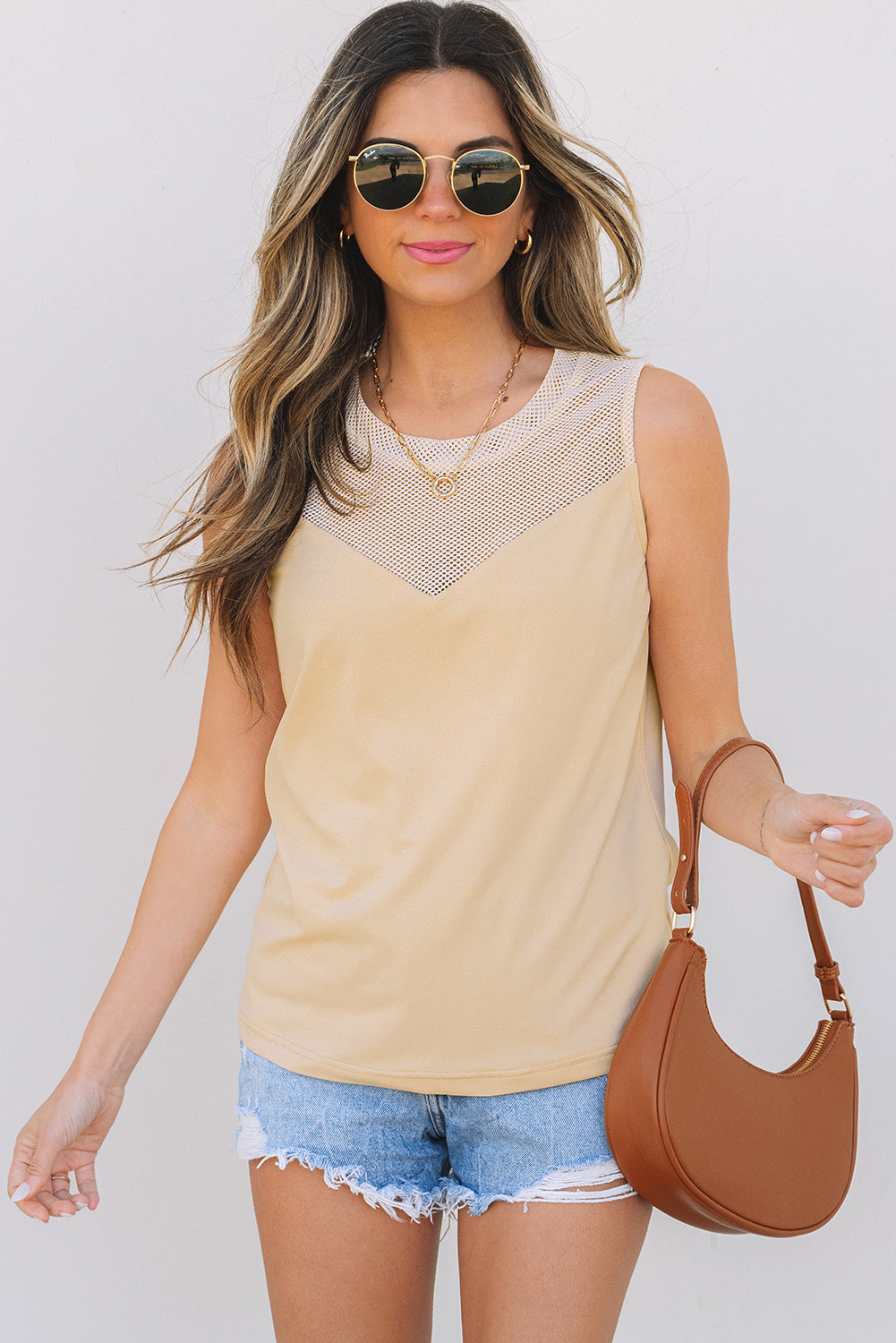 Oatmeal Solid Mesh Patchwork Crew Neck Tank Top