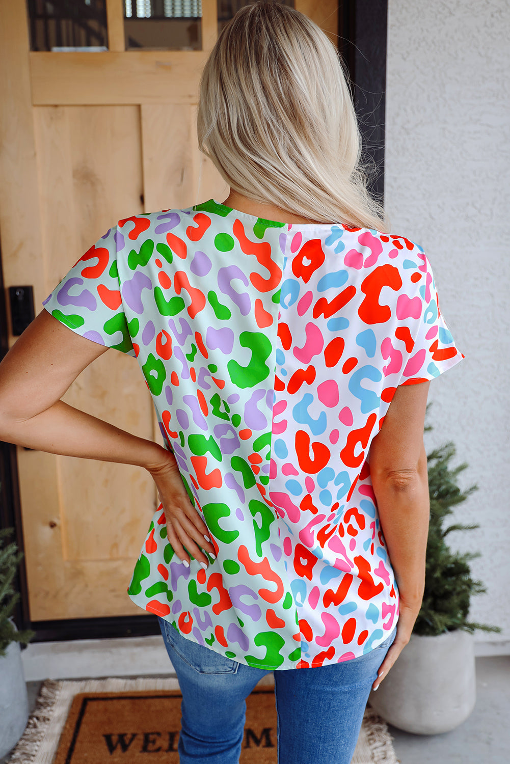 Green Contrast Leopard Print V Neck Short Sleeve Blouse