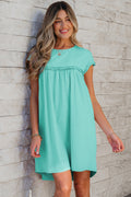 Mint Green Frilled Trim Crew Neck Loose Fit Mini Dress