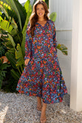 Blue Floral Print Tassel Tie V Neck Long Sleeve Flowy Long Dress